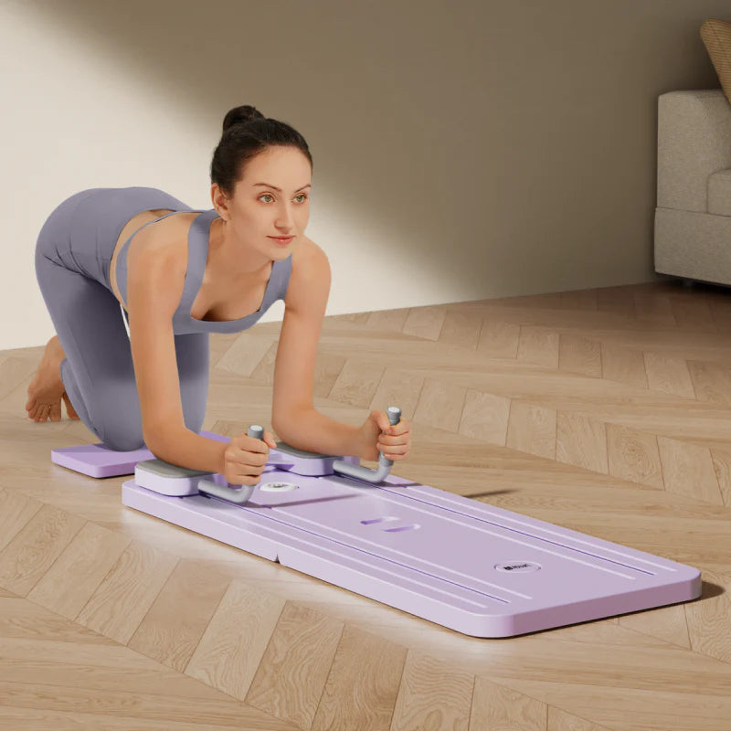 Woman using a fitness board on a wooden floor